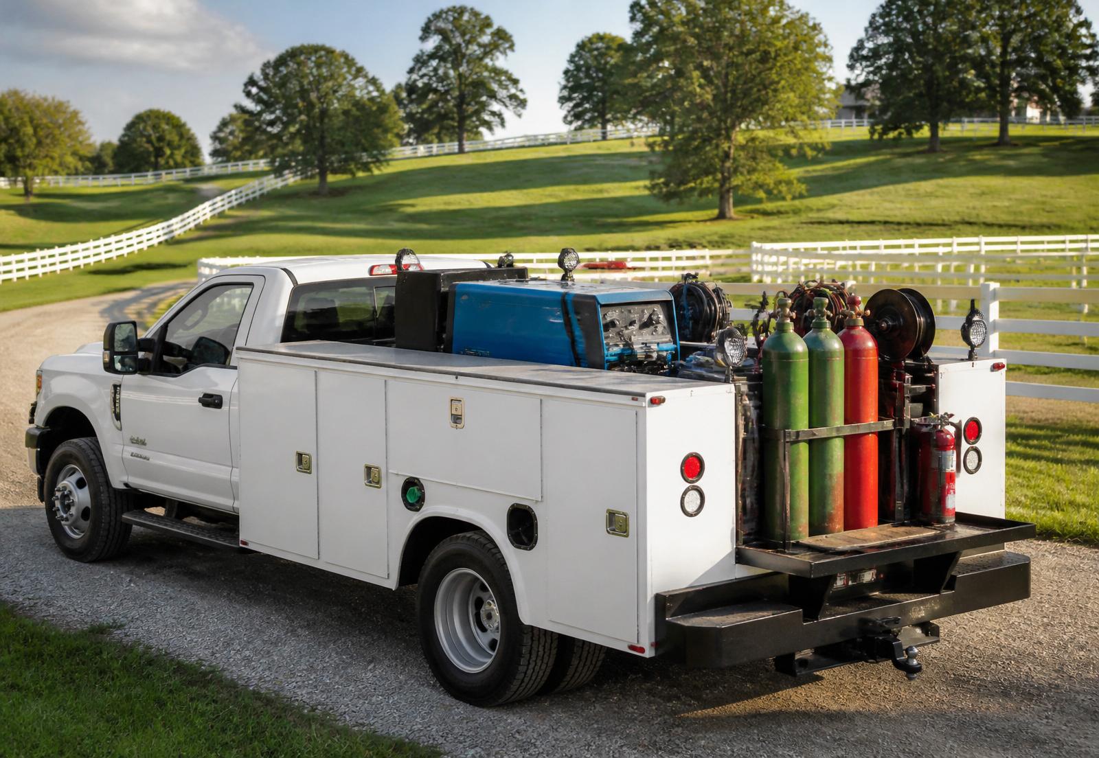 Bluegrass Mobile Welding service truck on a Kentucky farm lane