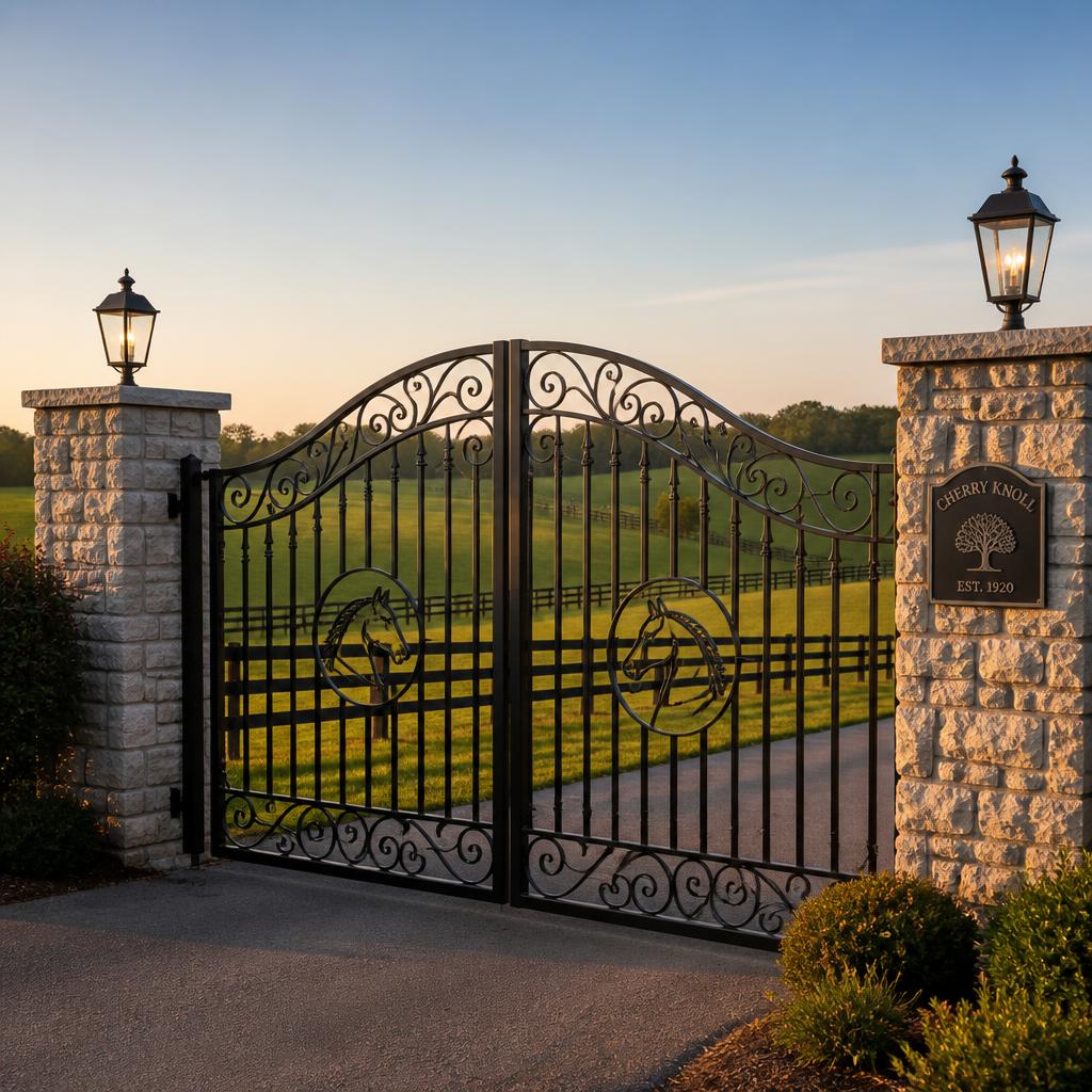 Scrollwork entrance gate — Woodford County horse farm