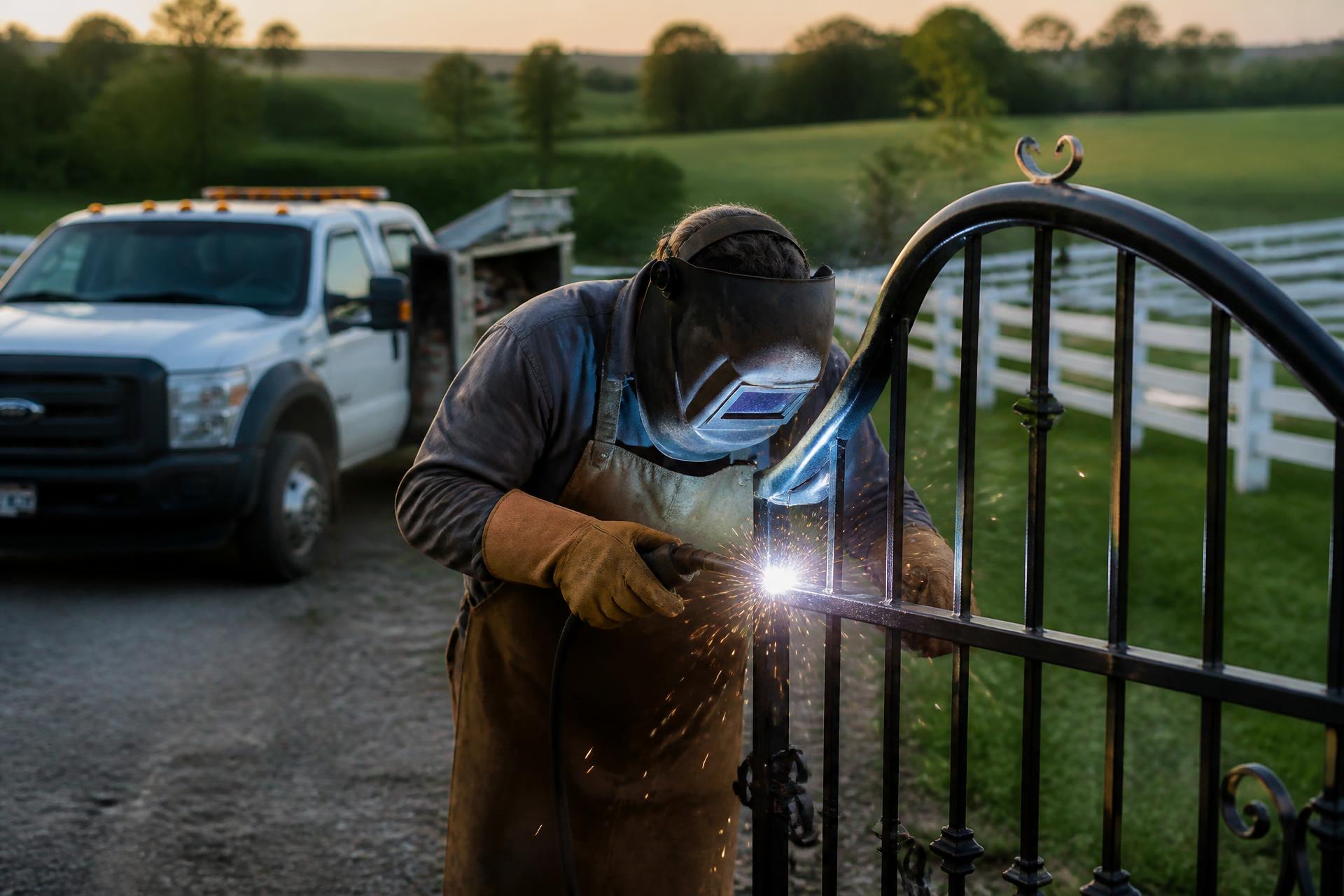 Welder working on a custom wrought iron gate on a Central Kentucky horse farm at golden hour